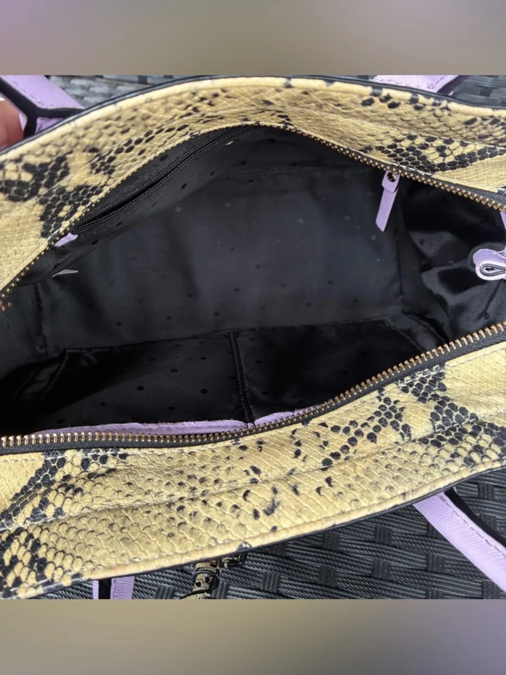 kate spade lilac satchel with yellow snake-print trim